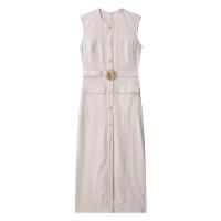 TRAFZA-vestido Midi elegante de mezcla de lino para mujer, vestido Vintage sin mangas con cuello redondo y cinturón con abertura, Color sólido, verano - details 1