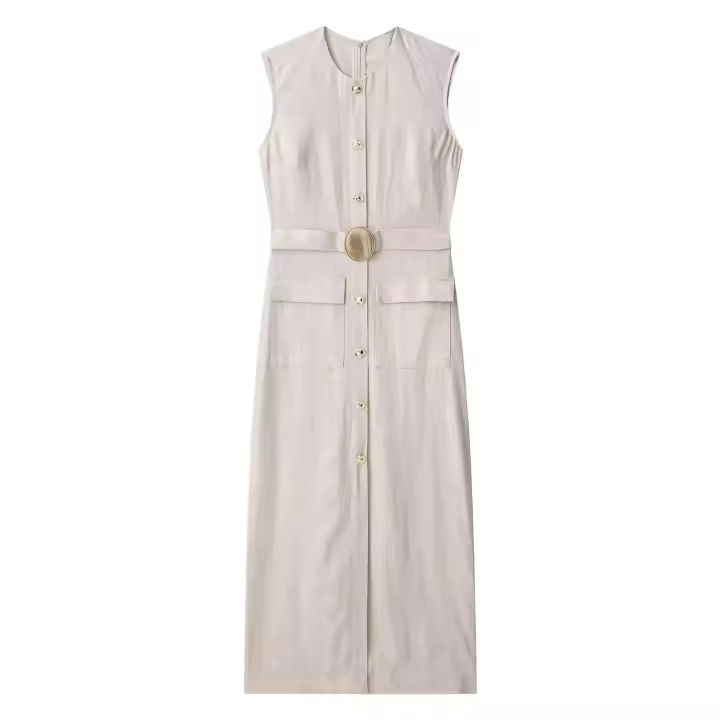 TRAFZA-vestido Midi elegante de mezcla de lino para mujer, vestido Vintage sin mangas con cuello redondo y cinturón con abertura, Color sólido, verano - 1
