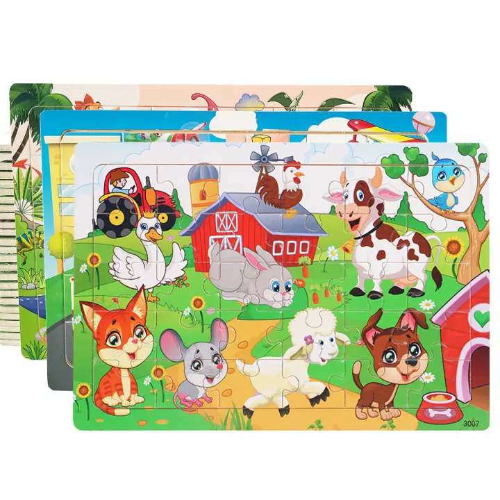 Rompecabezas de madera de dibujos animados para niños, rompecabezas de vehículos de animales, juegos de aprendizaje, juguetes educativos para niños, regalos, 30 piezas - 1