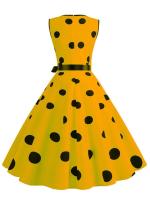 Women summer polka dot vintage  v neck lleeveless party dress elegant belt - details 4