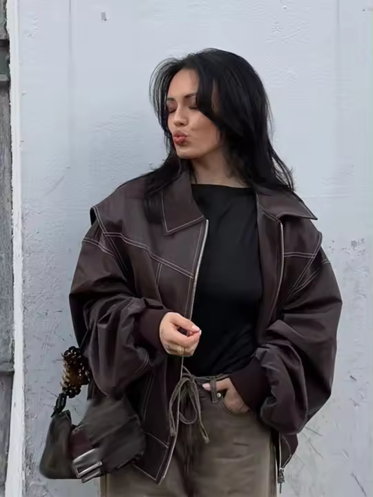 Chaqueta Bomber de Cuero para Mujer Arayas Casuales con Cremallera Chaquetas de Manga Larga Sueltas con Borla Moda 2024 - 1