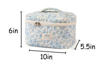 BLUE flower Cotton Makeup Bag Large Travel Bag Quilted Cosmetic Pouch Coquette Floral Toiletry Bag
