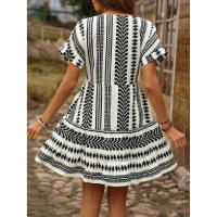 2024 nuevo vestido de vacaciones informal de verano con estampado geométrico y cuello en V y manga caída para mujer 1 - details 6