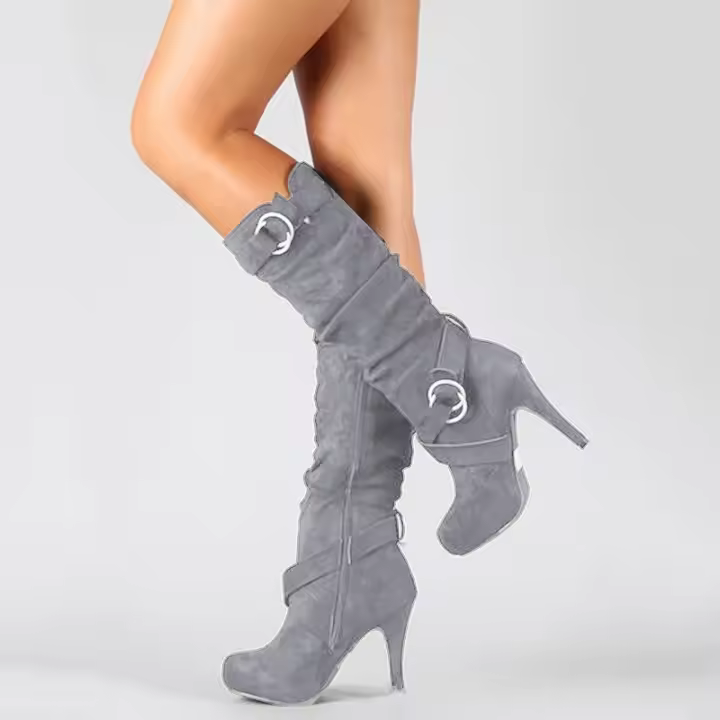 Botas de Mid-calf de Gamuza con Tornillo Tacón Alto, Punta Redonda, Talla Grande, Estilo Estilo - 1