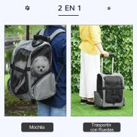 PawHut-carrito de transporte para mascotas, mochila de viaje 2 en 1 con 2 ruedas para perros y gatos, mango retráctil, 42x25x55 cm, color gris - details 2