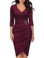 Vestido corto elegante de otoño para mujer, abrigo ajustado de manga larga con cuello en V, vestidos lisos de uso diario para mujer OL - details 4