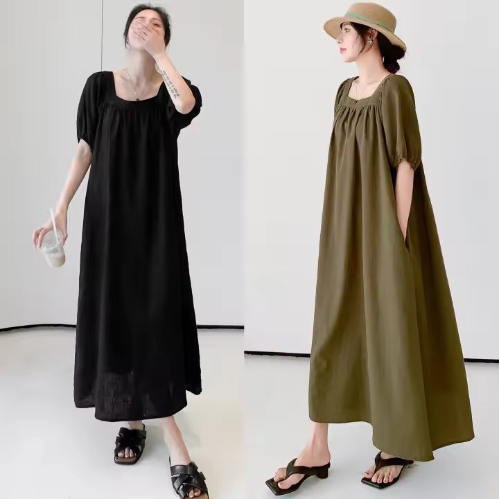 Vestido largo informal elegante para verano, novedad de 2024, vestido largo holgado de talla grande, holgado, adelgazante, de manga corta, falda acampanada a la moda - 1