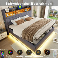 Cama tapizada LED 180 x 200 cm, Cama acolchada con puerto de carga USB y almacenamiento hidráulico, tela de lino agradable para la piel, Gris (Sin colchón) - details 0