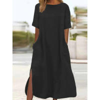 Vestido largo de talla grande para mujeres europeas americanas, informal, sencillo, suelto, atmosférico de algodón y lino - details 5