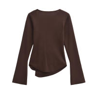Suéter fruncido asimétrico de manga larga para mujer, Top de punto con botón frontal, prendas de punto elegantes a la moda, azul y marrón, otoño - details 2
