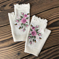 Guantes de punto para mujer, manecillas bordadas de lana cálida con medio dedo, para otoño e invierno, 2024 - details 5