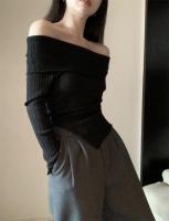 Jersey de otoño para mujer, Top Irregular con hombros descubiertos, suéter de punto negro de manga larga con base para mujer - details 6