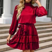 Vestido Satén con Cinturón Rojo Volantes Manga Larga, Elegante y Sensual para Mujer - details 2