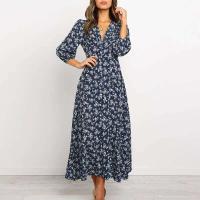 2025 nuevo Vintage mujeres vestido largo de gasa ral estampado linterna manga A-e Maxi Vestidos otoño elegante cuello en V Vestidos de invierno - details 6