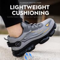 Botas de trabajo para hombre: transpirables, ligeras, cómodas, entresuela de Kevlar suave, antideslizantes, antipinchazos, zapatos de seguridad con cordones y protector de cabeza dorado, negro y gris, calzado de seguridad | Botas de trabajo elegantes | Ca - details 0