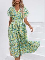 Vestido bohemio Retro de verano para mujer, manga corta, estampado básico, ventilación, Verde S - details 2
