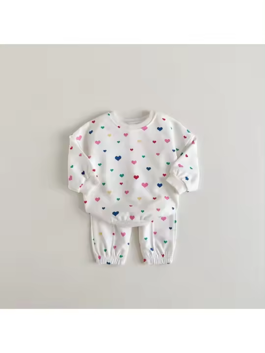 Conjunto de dos piezas de niños y niñas recién nacidos con estampado de amor colorido dulce bebé otoño casual conjunto de pantalones de manga larga - 1
