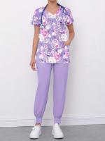Conjunto De Dos Piezas De Uniforme Con Estampado Floral, Blusa Médica Funcional Con Cuello En V Y Pantalones De Uniforme - details 3