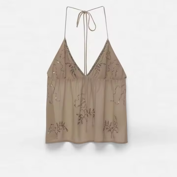 Top de Halter con Cuentas y Lentejuelas Sexy Escote en V, Espalda Abierta, Cordón, Vestido de Moda para Mujeres - 1