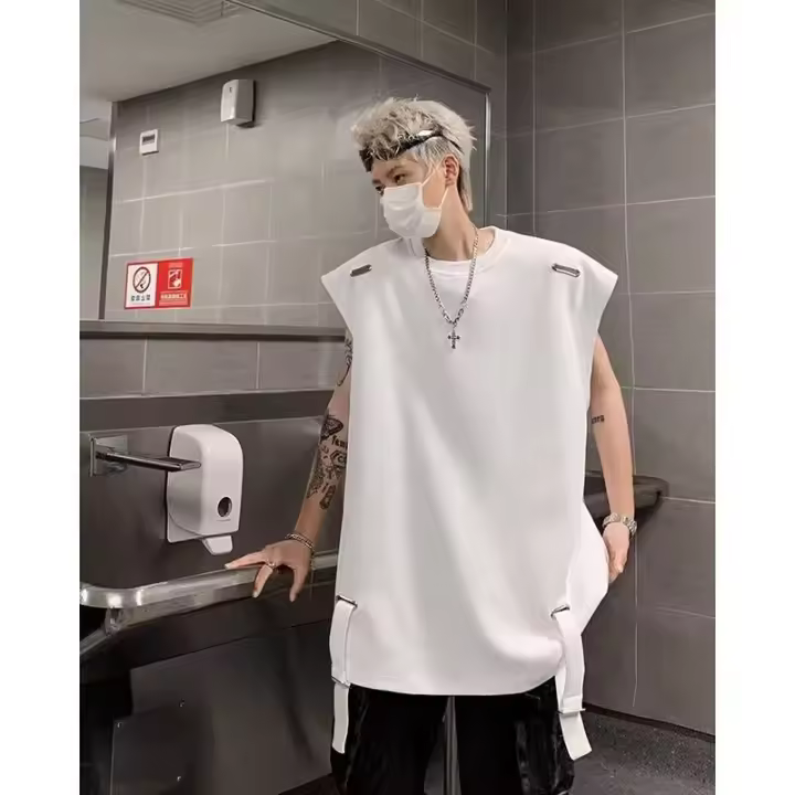 Moda de Verano para Hombres Camiseta sin Mangas de Algodón Cuello Pequeño Diseño de Cinturón - 1