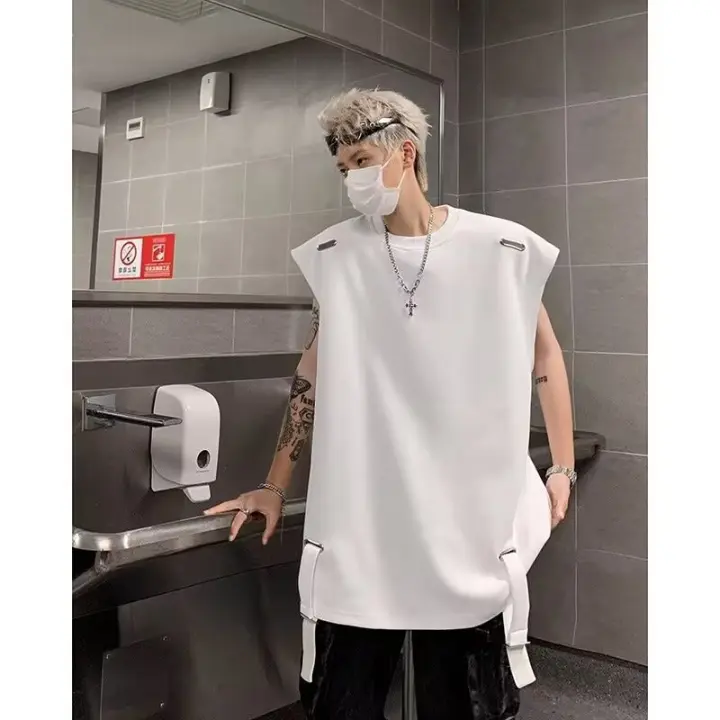 Moda de Verano para Hombres Camiseta sin Mangas de Algodón Cuello Pequeño Diseño de Cinturón - 1