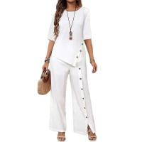 Conjunto de dos piezas de pantalón con dobladillo irregular y camisa holgada de media manga con botones, estilo casual y elegante para mujer - details 5