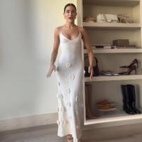 Vestido largo de punto con flores en 3d para mujer, ropa elegante con escote en V, sin mangas, Espalda descubierta, para fiesta - details 1