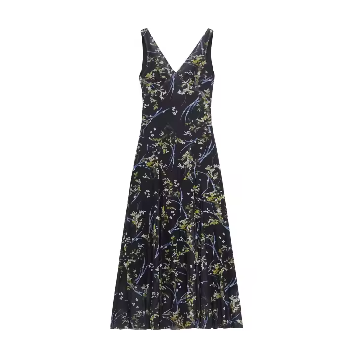 Vestido con correa para el hombro de moda europea y americana Vestido estampado medio y largo con cuello en V para mujer - 1