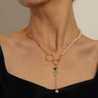 Collar con colgante de mariposa con círculo geométrico para mujer, collar de Metal con agujero pequeño y perla con borla - details 0