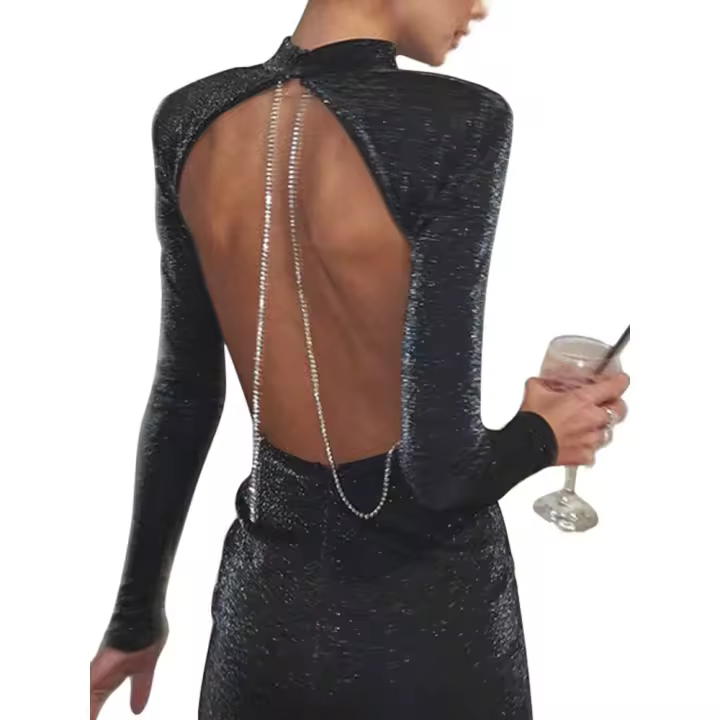 Vestido de fiesta sexy con cadena y purpurina para mujer, sin espalda, elegante y de manga larga. - 1