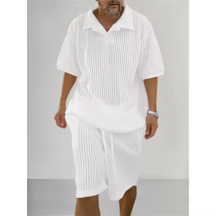 Conjunto de punto de 2 piezas para hombre, camisa de manga corta de verano y pantalones cortos, pantalones de traje, camiseta - 1