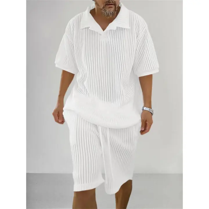 Conjunto de punto de 2 piezas para hombre, camisa de manga corta de verano y pantalones cortos, pantalones de traje, camiseta - 1
