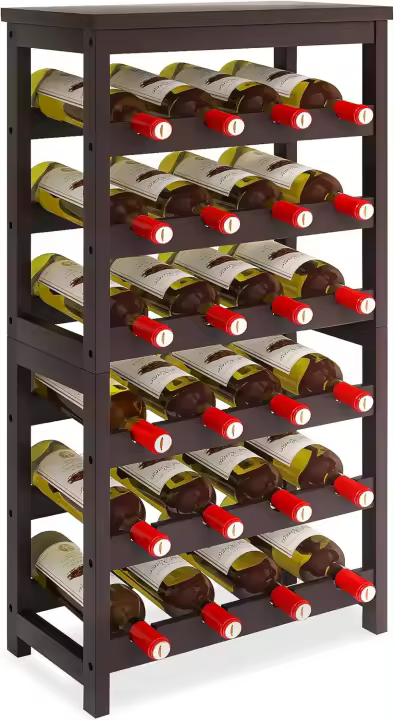Estantería para 24 botellas de vino de pie, botellero de madera de vino de 6 niveles con tablero de mesa, soporte de madera de bambú para botellas de vino con barras onduladas para cocina comedor, negro - 1