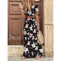 Vestido Maxi Floral Elegante con Cuello en V - Estilo Chic de Verano con Cinturón, Tela Tejida Durable y de Fácil Mantenimiento - details 1