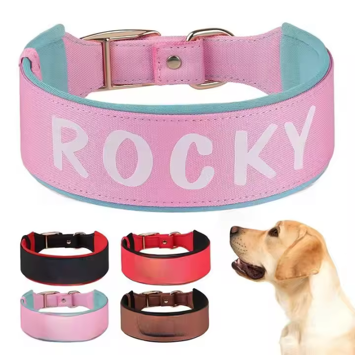 Collar ancho personalizado perros, collares acolchados nailon identificación mascotas, collar nombre de con estampado gratuito - 1