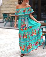 Vestido Largo para Mujer Verano 2025 Escote Palabra de Honor con Estampado de Flores Rojas - details 23