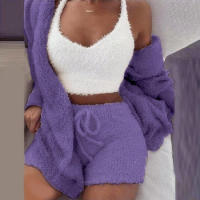 Suéter para mujer, artículos para el hogar, pijama informal de 3 piezas, chaleco de manga larga con ombligo, ribete de pantalones cortos, invierno - details 6