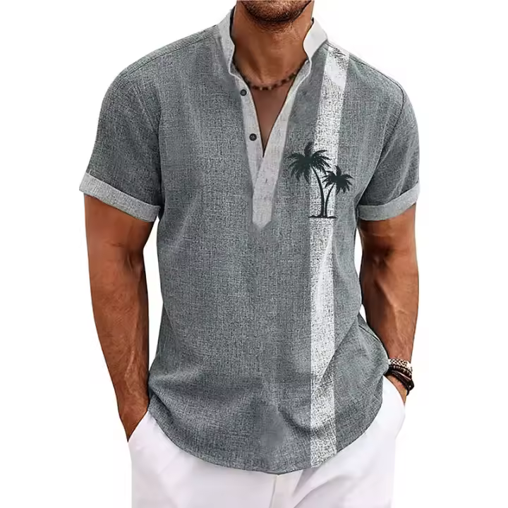 Nuevas camisas Henley con estampado 3D de rayas de cocotero, camiseta de manga corta con cuello levantado y botones de gran tamaño para hombre, camisetas, ropa para hombre - 1