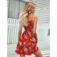 Vestido corto de verano nuevo elegante sin mangas con estampado y correa elástica en la cintura para mujer. - details 13
