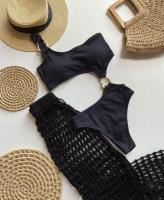 Traje de Baño de Una Pieza de Corte Alto Traje de Baño Liso de Hombro Único para Mujeres - details 1