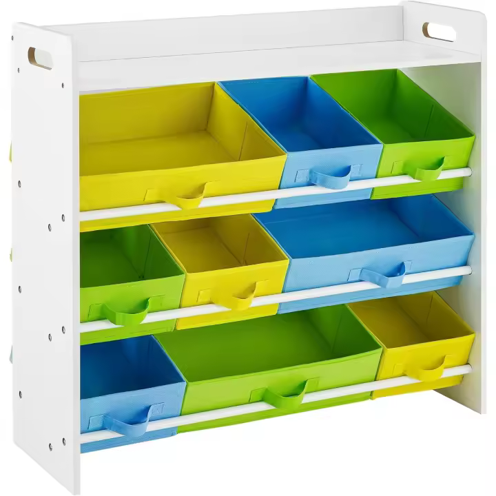 Estantería de Juguetes de 9 Cajones de Tela No Tejida Organizador Infantil para Sala de Juegos de Guardería Marco de Madera Blanco - 1