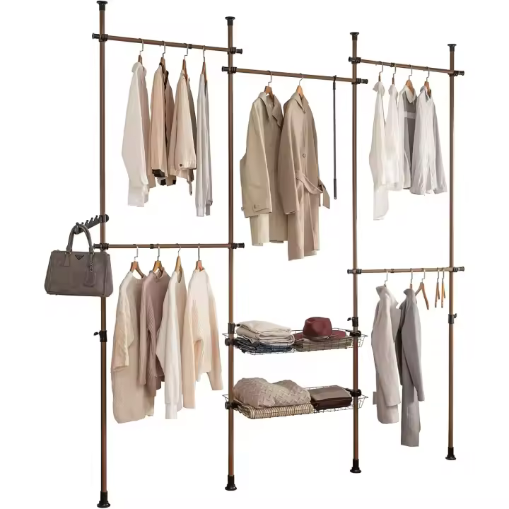 Perchero de Ropa Telescópico Altura Ajustable para Vestidor de Dormitorio con 5 Barras y 2 cestas Blanco L209-312 cm x H108-285 cm KLS04 ES - 1