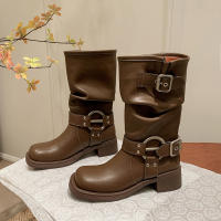 Botas de vaquero occidentales de cuero suave europeo y americano, botas de pila con hebilla de cinturón, botas medias, botas de caballero femenino, botas martin, botas femeninas - details 29