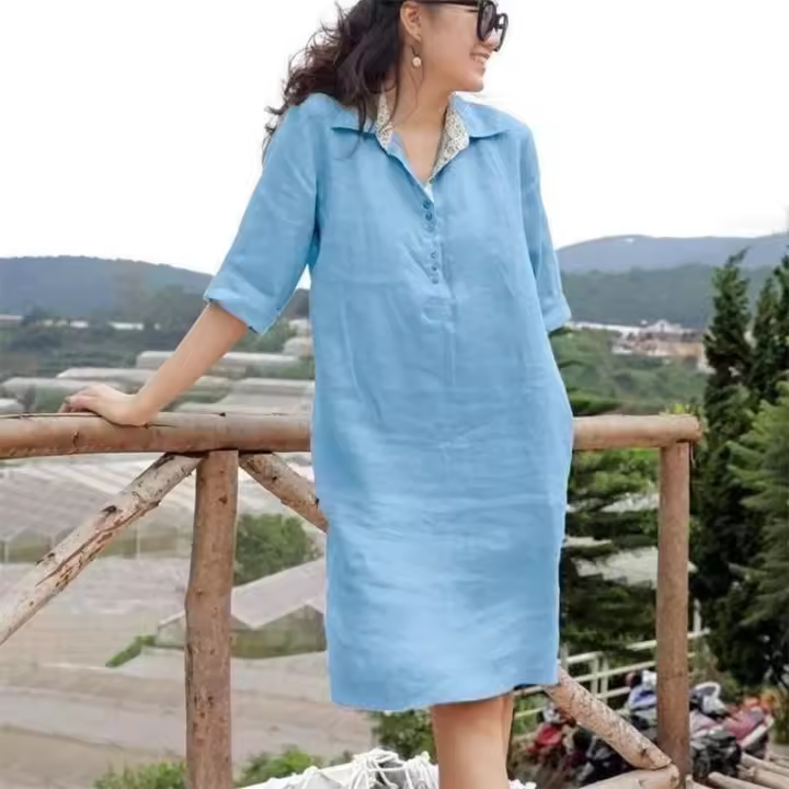 Vestido suelto de lino y algodón de longitud media para mujer, talla grande, color sólido, primavera y verano - 1