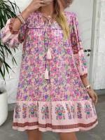 Vestido Corto Chic con Estampado Bohemio Cuello en V, Ajuste Suelto, Viscosa para Mujeres - details 1