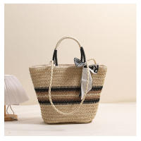 Bolso de paja de un solo hombro a rayas, bolso tejido a mano para mujeres, bolso de playa para vacaciones - details 5
