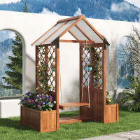 Jardinera, columpio de exterior, jardinera con enrejado como ayuda para trepar, con toldo de policarbonato para el sol. Jardinera con caja de flores, de madera maciza marrón, adecuada para jardín, patio y terraza. - details 1
