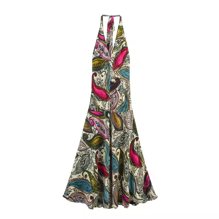 Vestido de Playa de Resort sin Mangas Estilo de Moda de Verano con Hombros Abiertos, Cuello en V, Patrón de Cintura Impresa - 1