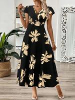 Vestido con borde de volantes y cuello en V estampado a la moda de verano 2025 para mujer - details 5