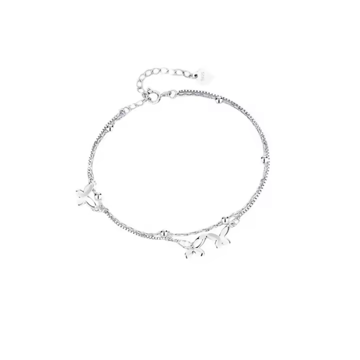 Tobillera de mariposa de doble capa para mujer, nueva moda, estilo nicho ligero, tobillera de plata pura, regalo de cumpleaños - 1